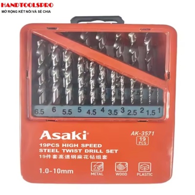 Bộ mũi khoan INOX làm từ thép HSS 19pc 1-10mm ASAKI AK-3571