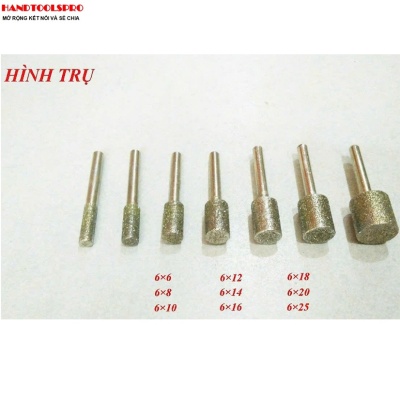 Mũi Mài Kim Cương Cán Xoàn hình TRỤ size 6x8mm Cán 6mm (Bịch 50 cái)