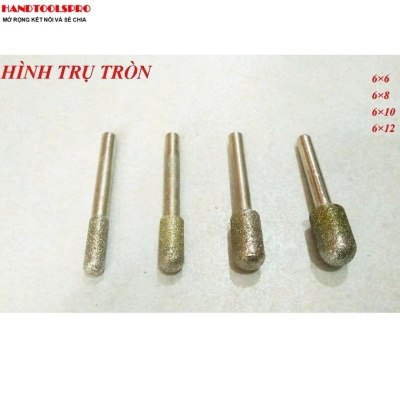 Mũi Mài Kim Cương Cán Xoàn hình trụ tròn size 6x12mm Cán 6mm (Bịch 50 cái)